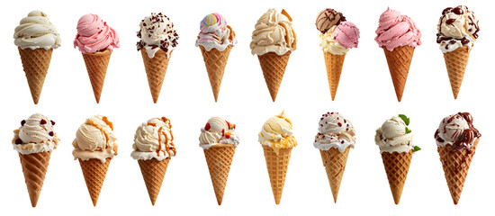 collection of delicious ice cream in waffle cone, isolated on transparent background cutout - png - different flavors mockup for design - image compositing footage - alpha channel