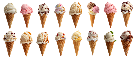 collection of delicious ice cream in waffle cone, isolated on transparent background cutout - png - different flavors mockup for design - image compositing footage - alpha channel