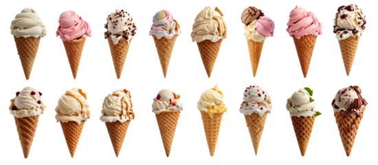 Foto auf Alu-Dibond collection of delicious ice cream in waffle cone, isolated on transparent background cutout - png - different flavors mockup for design - image compositing footage - alpha channel © 39