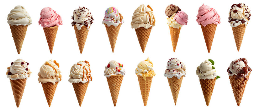 collection of delicious ice cream in waffle cone, isolated on transparent background cutout - png - different flavors mockup for design - image compositing footage - alpha channel