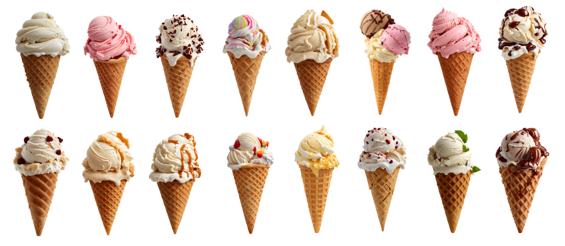 collection of delicious ice cream in waffle cone, isolated on transparent background cutout - png - different flavors mockup for design - image compositing footage - alpha channel