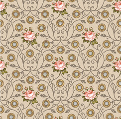 Seamless pattern Roses wildflowers. Beautiful fabric blooming realistic isolated flowers Vintage background Wallpaper baroque. Drawing engraving Vector victorian illustration