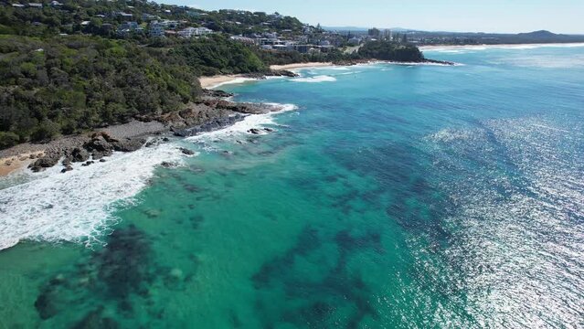 Turquoise Seascape Of Coolum Bay In Sunshine Coast, Queensland, Australia - aerial drone shot