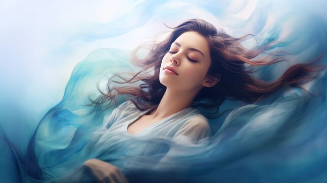 Illustration of woman sleeping and dreaming. Psychic girl considers mind and heart, spirituality, esotericism. Psychic waves concept, Generative AI illustration