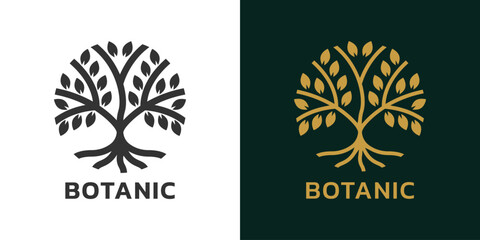 Tree with roots icon or logo. Abstract nature symbol. Modern plant, eco, natural emblem design. Vector illustration.