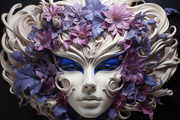 A white mask with purple and blue flowers on it.