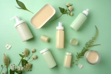 Organic cosmetic products for skin care on a light green background. Top view. Generative AI