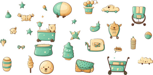 set baby nursery element set clip art, in the style of whimsical cartoon-style, light amber and turquoise, 3840x2160, letras y figuras, letterboxing, colorful cartoon, dark beige, white background