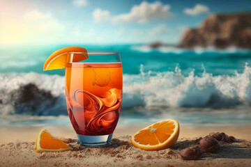 Fresh fruit cocktail on beach with blue sea on background. Concept of summer vacations. Cold drinks for hot weather refreshment. Generative AI