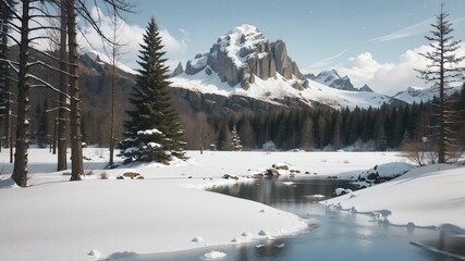 a mountain range with a river in the foreground and snow on the ground in the foreground