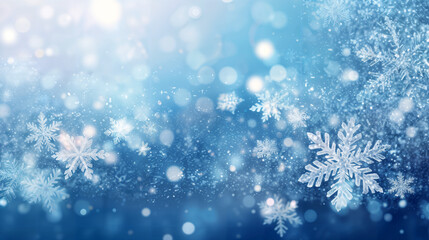 abstract christmas background with snowflakes and snowfall on a cold blue winter background