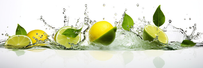 A slice of lime annd mint leaves falling into the water on white background. Panoramic banner image.