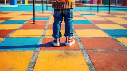 feet of a child standing alone on an empty playground. 