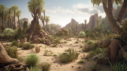 In 10,000 BC, the tropical desert landscape was tough for life to survive, and only species that adapted well could live. Game background. AI-generated