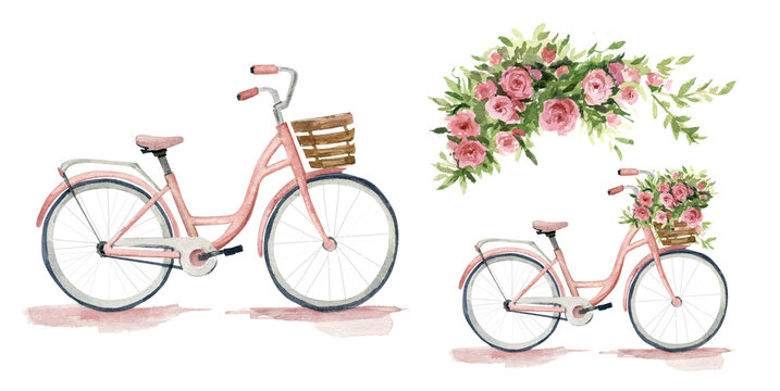 Watercolor floral illustration on a transparent background. Bicycle and bouquet of pink flowers. Perfect wedding set for designing invitations, cards, stationery