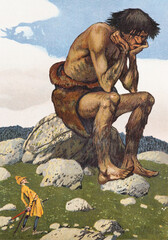 Alcochete, Portugal – February 24, 2016 : The brave little Tailor. Illustration from a Grimm Brothers Fairy Tales Book published in the 1920s.
