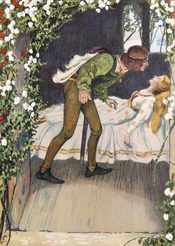 Alcochete, Portugal &ndash; February 24, 2016 : Sleeping Beauty, Little Briar-Rose, Illustration from a Grimm Brothers Fairy Tales Book published in the 1920s.