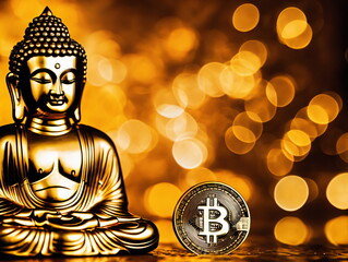 Bitcoin für Asien mit Bitcoin im Vordergrund und symbolischem Buddha im Hintergrund.