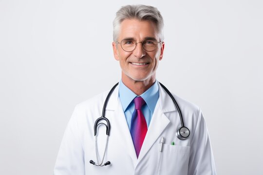 Portrait of mature smiling doctor in white coat standing against white background, generative AI