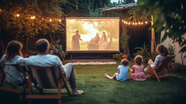 family watching movie in the garden