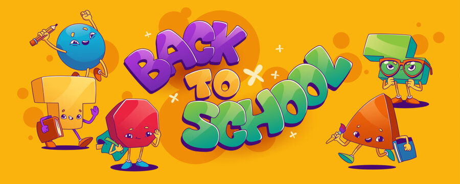 Back to school horizontal banner with cartoon character of happy and fun geometric shapes and letters with positive emotions. Vector illustration of educational poster with abstract students.