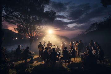 music concert held outdoors, with musicians performing against a starlit sky to commemorate International Music Day Generative AI