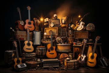variety of musical instruments, symbolizing the harmonious language of music on International Music Day Generative AI - obrazy, fototapety, plakaty