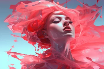 Portrait of young beautiful woman in pink isolated on blue background, generative AI © Mediaphotos