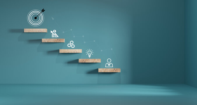 woods block step on table with icon Action plan, Goal and target, success and business target concept, project management, company strategy