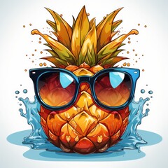 A pineapple wearing sunglasses and splashing water. Digital image. Tshirt design on white background