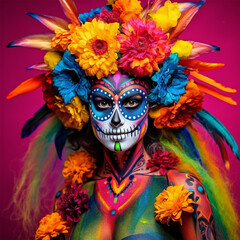 close-up young woman with make-up at the festival Day of the Dead - Dia de los Muertos, a holiday dedicated to the memory of the dead.against the backdrop of illumination. 