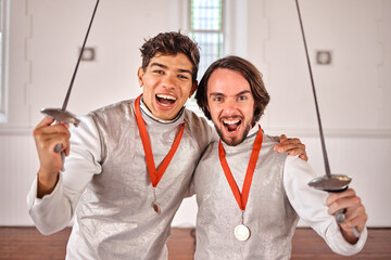 Fencing, winner and men with medal in portrait for celebration after success, goal achievement or...