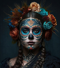 close-up young woman with make-up at the festival Day of the Dead - Dia de los Muertos (Day of the dead) - a holiday dedicated to the memory of the dead.on a dark background . 