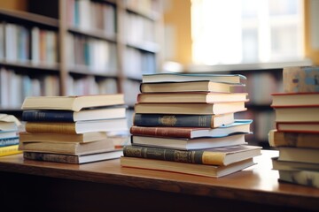 Fototapeta premium Close-up of heap of books for reading on the table in school library, generative AI