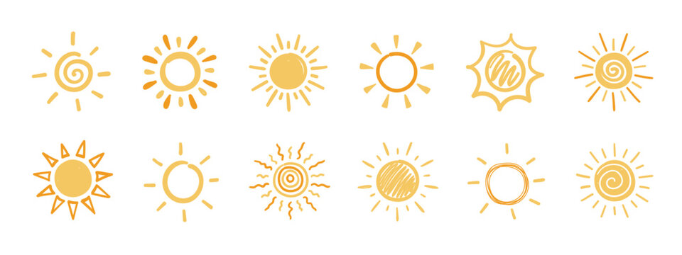 Cute doodle sun set. Set of illustrations in hand drawn style.