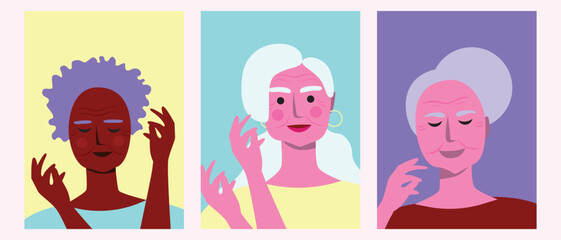 Set or collection of natural faces of diverse old women as mental health concept, vector stock illustration