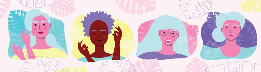 Set or collection of beautiful isolated mature or old women as mental health concept, vector stock illustration