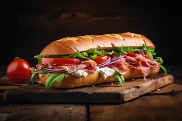 Sandwich with prosciutto, tomato and cheese on a wooden rustic background.
