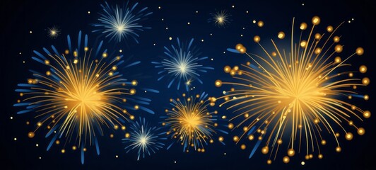 Naklejka premium Illustration with golden fireworks and silhouette of skyline on a dark blue background, Happy New Year. Concept for holiday celebration, greeting card, poster, banner, flyer (Generative Ai)