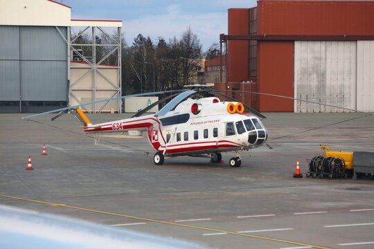 WARSAW, POLAND - APRIL 12, 2023: Helicopter Mil Mi-8 of Polish Air Force at Warsaw Airport (IATA code: WAW) in Poland.