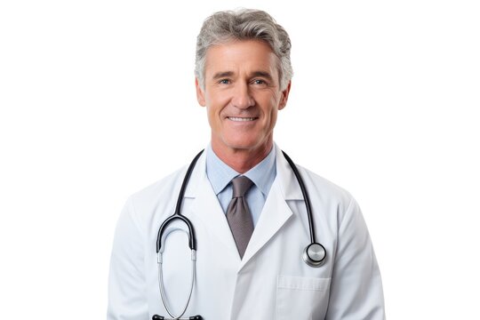Portrait of mature smiling doctor in white coat standing against white background, generative AI
