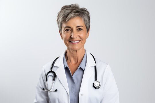 Portrait of professional female doctor in white coat smiling at camera on white background, generative AI