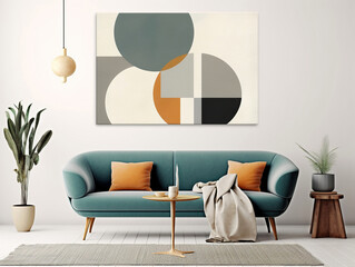 Teal curved sofa with orange pillows against white wall with poster. Scandinavian style home interior design of modern living room.
