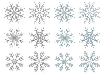 Isolated winter snowflakes, holiday frosty weather collection. Watercolor hand drawn snow crystals set. Realistic nature snowfall elements for posters, cards, nursery, apparel, scrapbooking.
