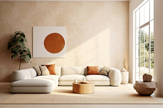 Minimalist home interior design of modern living room. Corner sofa with terra cotta pillows against grid window near beige venetian stucco wall.