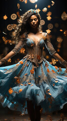 A woman in a blue dress surrounded by falling leaves.