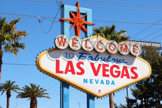 LAS VEGAS, USA - APRIL 14, 2014: Welcome to Fabulous Las Vegas Nevada, the famous sign in Las Vegas. The sign is on National Register of Historic Places.