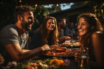 Portrait of happy friends barbecuing at park. Garden party outdoors with drinks, friends social concept.