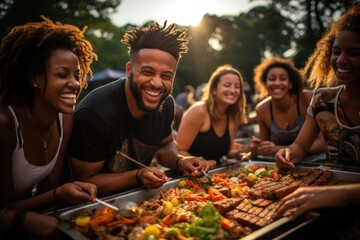 Portrait of happy friends barbecuing at park. Garden party outdoors with drinks, friends social concept.
