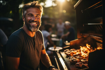 Portrait of happy friends barbecuing at park. Garden party outdoors with drinks, friends social concept.